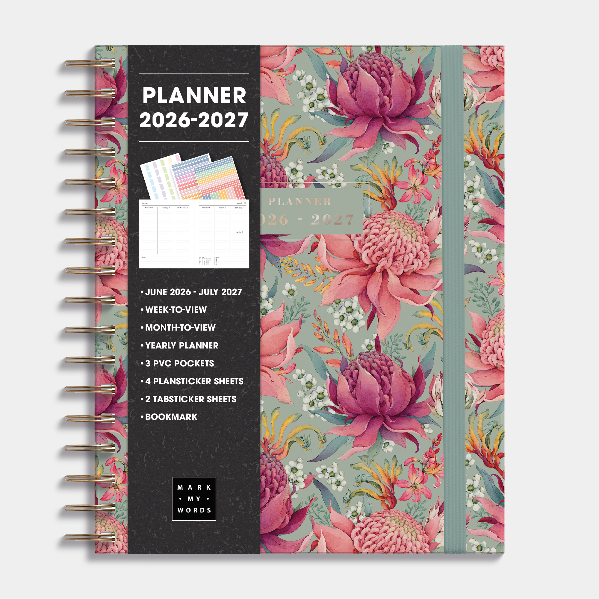 2026-2027 weekly planner with a hard cover featuring an exotic design with protea flowers – frontal view with informative paper wrap.