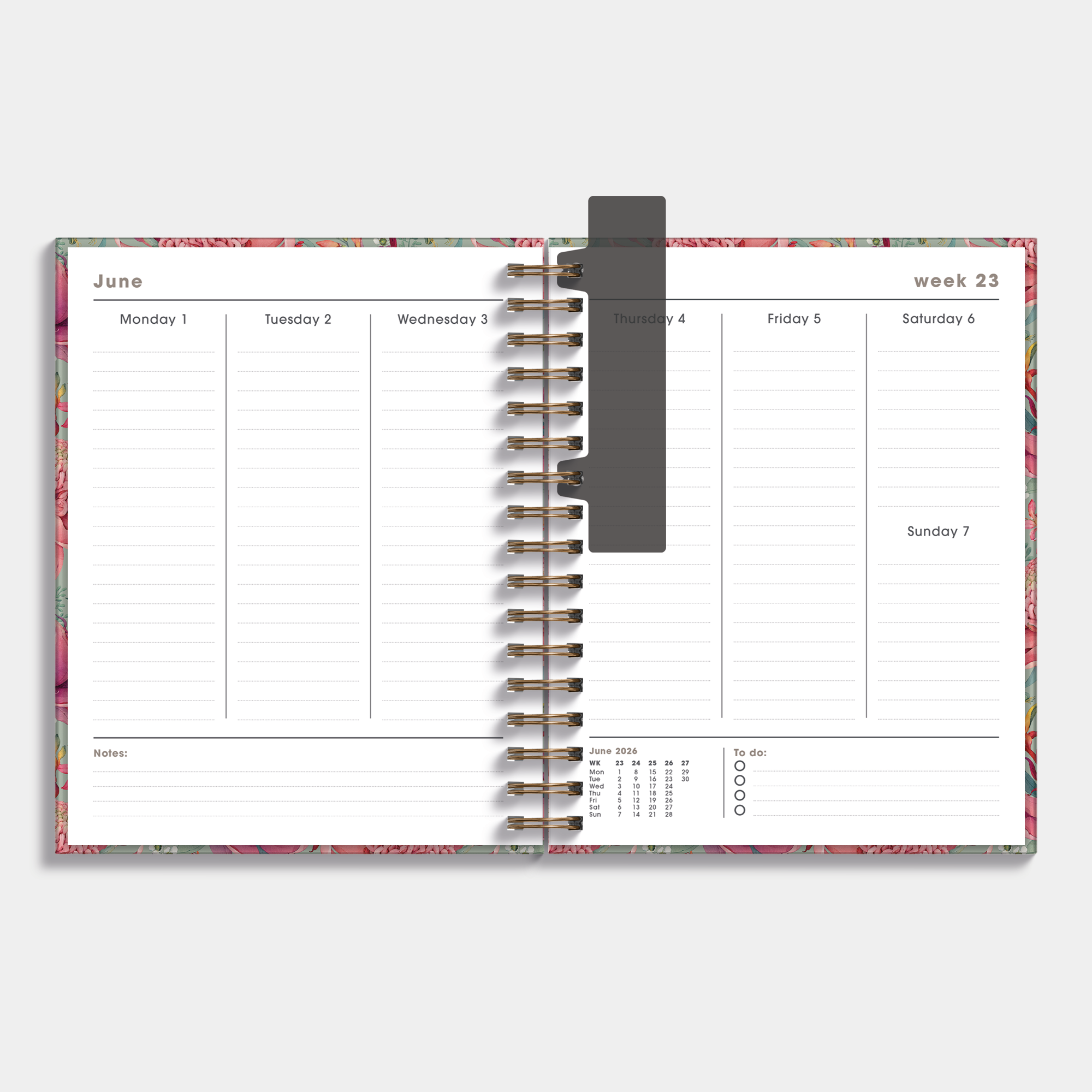 2026-2027 weekly planner with an exotic design of protea flowers – week-to-view layout.