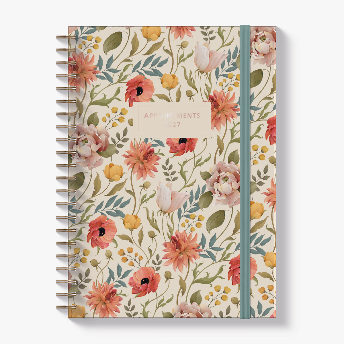 Appointment diary 2027 in A4 size with a hard cover featuring a vintage design of poppies and peonies – front view.