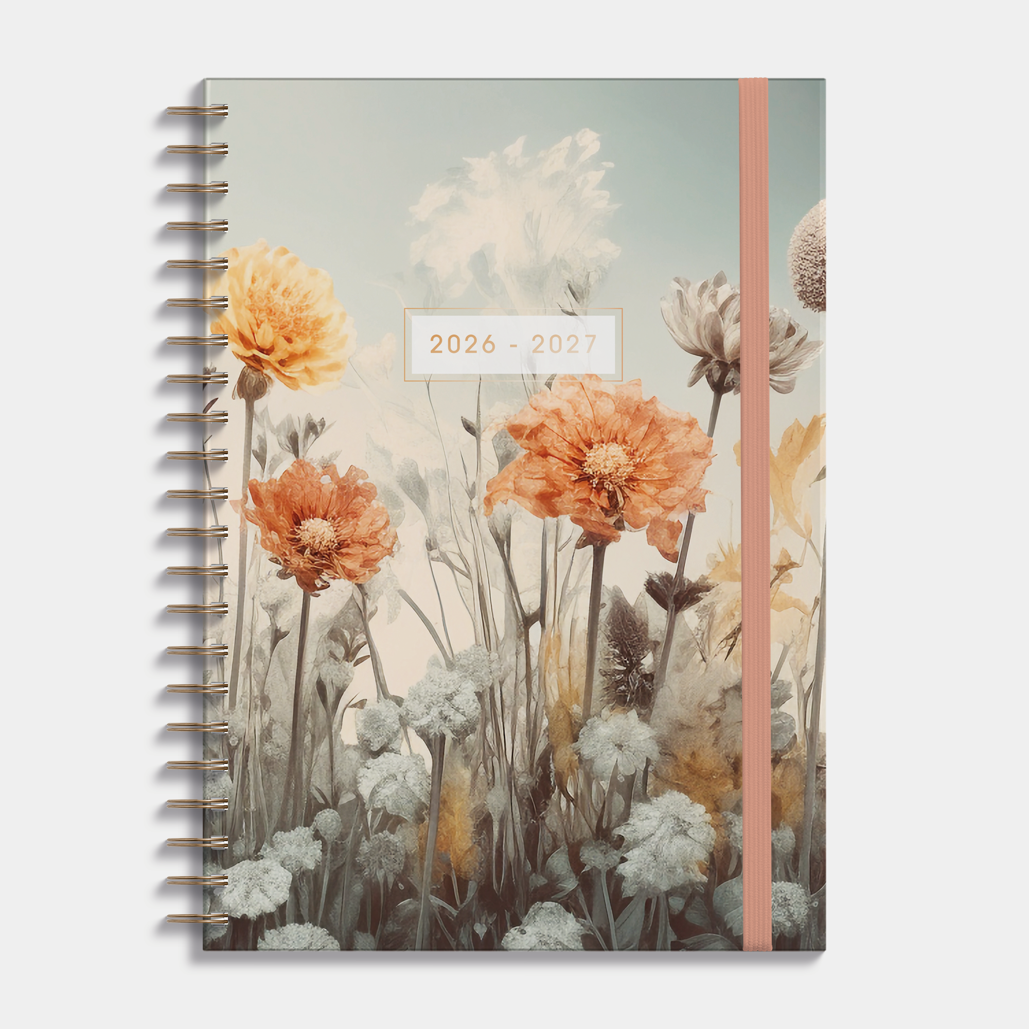 Mid-year 2026-2027 family diary featuring a hard cover with a wildflower design – frontal view.