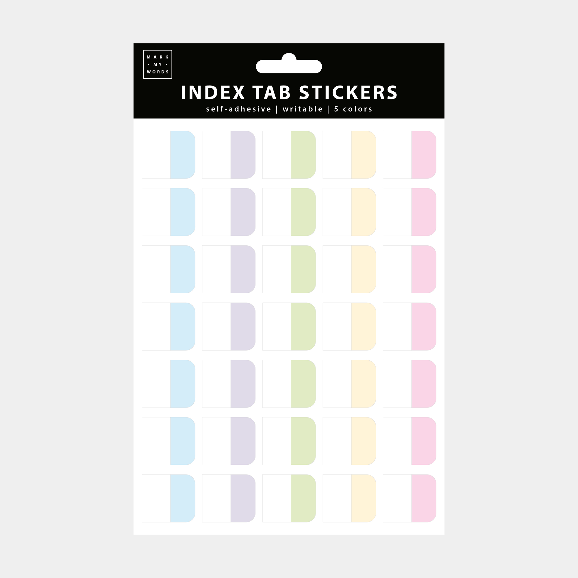 a set of 70 self-adhesive writable index tab stickers in 5 different shades.