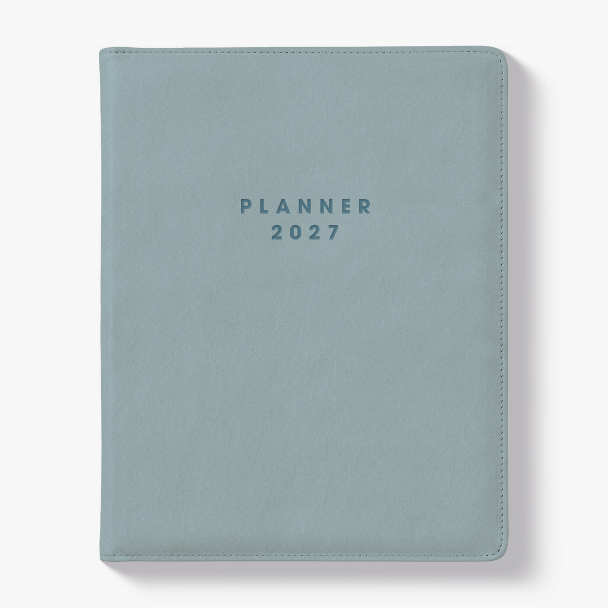 Luxury weekly planner 2027 in the A5+ size with flexibele leather-look cover sleeve in duck egg blue – front view.