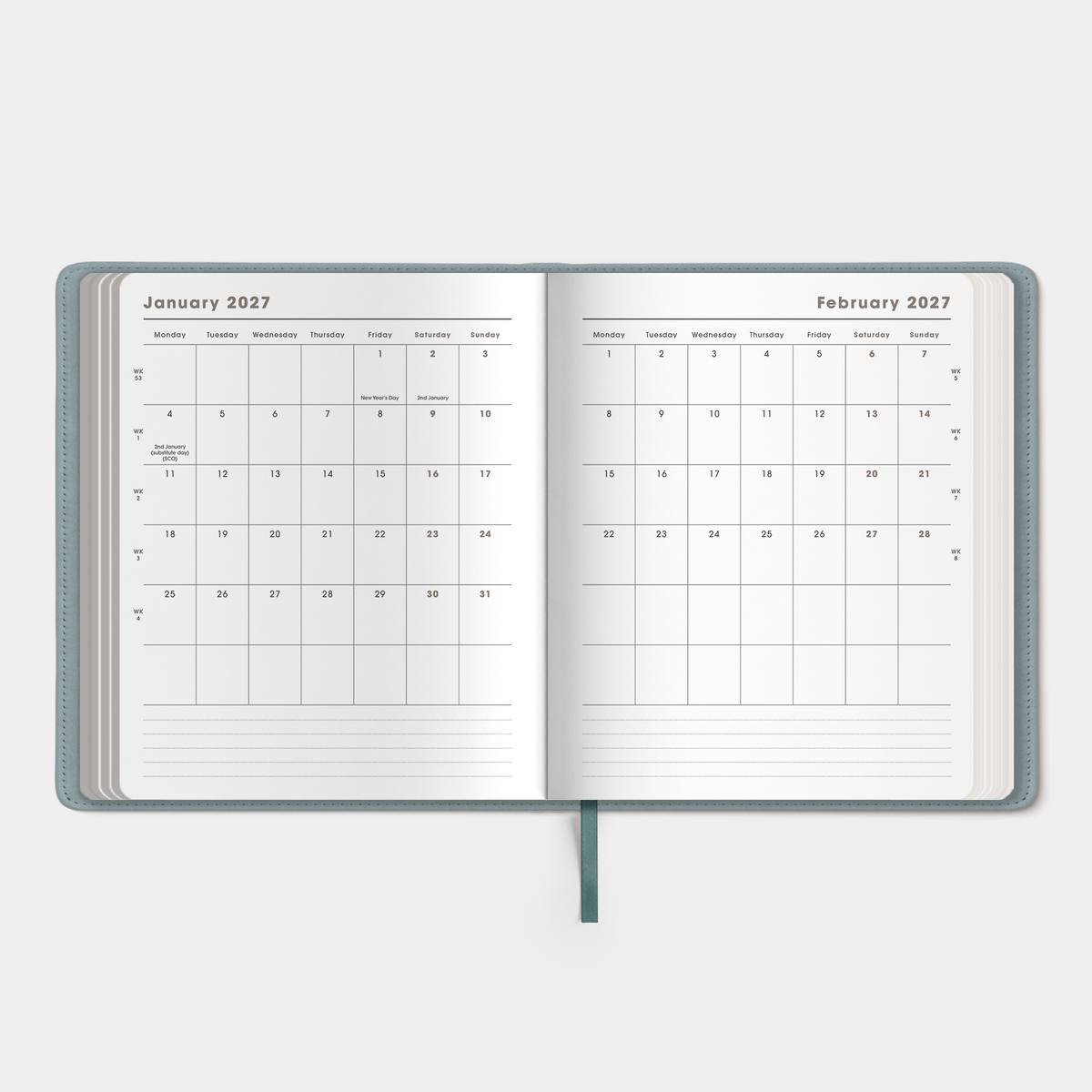 Luxury weekly planner 2027 in the A5+ size with flexibele leather-look cover sleeve in duck egg blue – inside pages with monthly overview.
