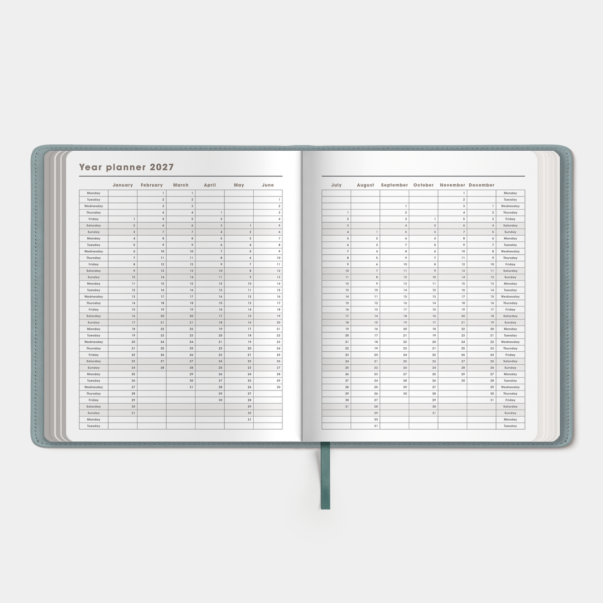 Luxury weekly planner 2027 in the A5+ size with flexibele leather-look cover sleeve in duck egg blue – inside pages with yearly overview.