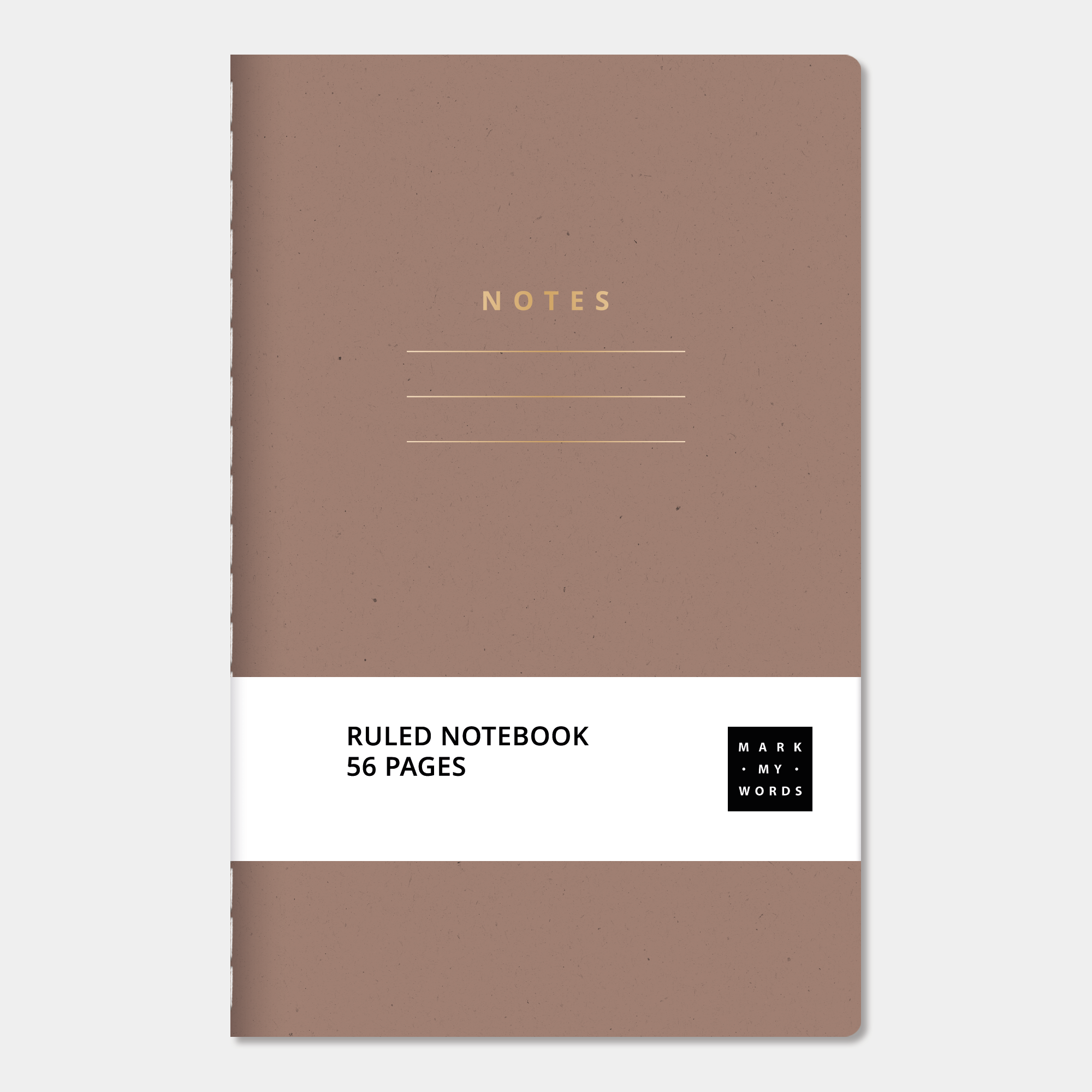 Mini pocket-sized lined notebook with almond cover with ruled pages and thread-sewn binding, front view.