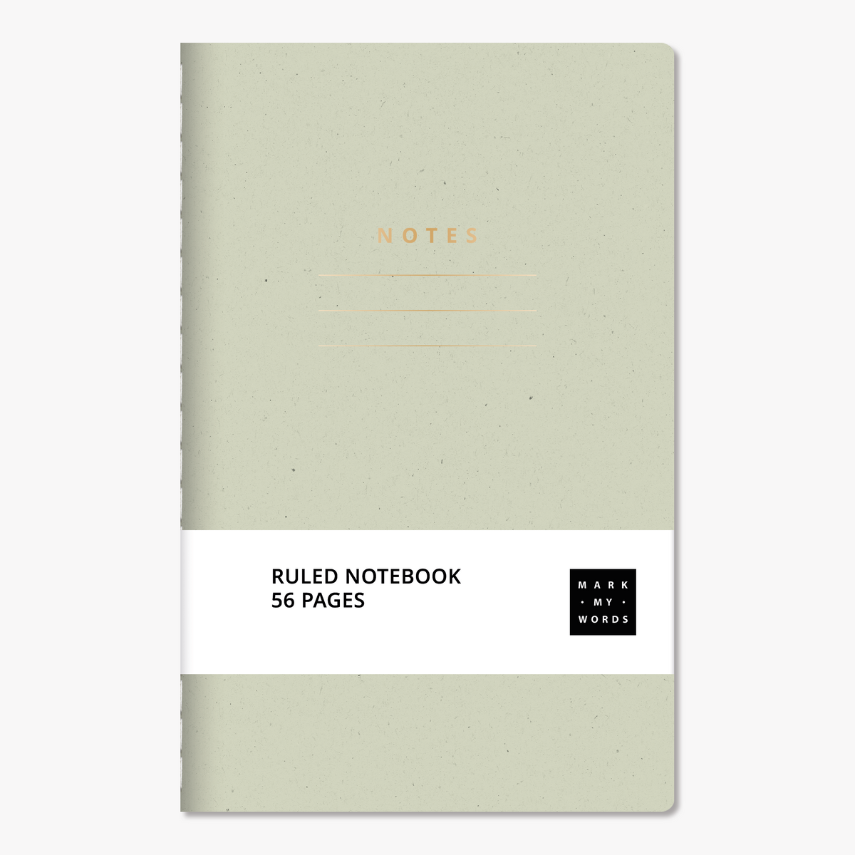 Pocket-sized notebook with ruled pages featuring a kiwi cover with gold foil accents – front view with informative paper wrap.