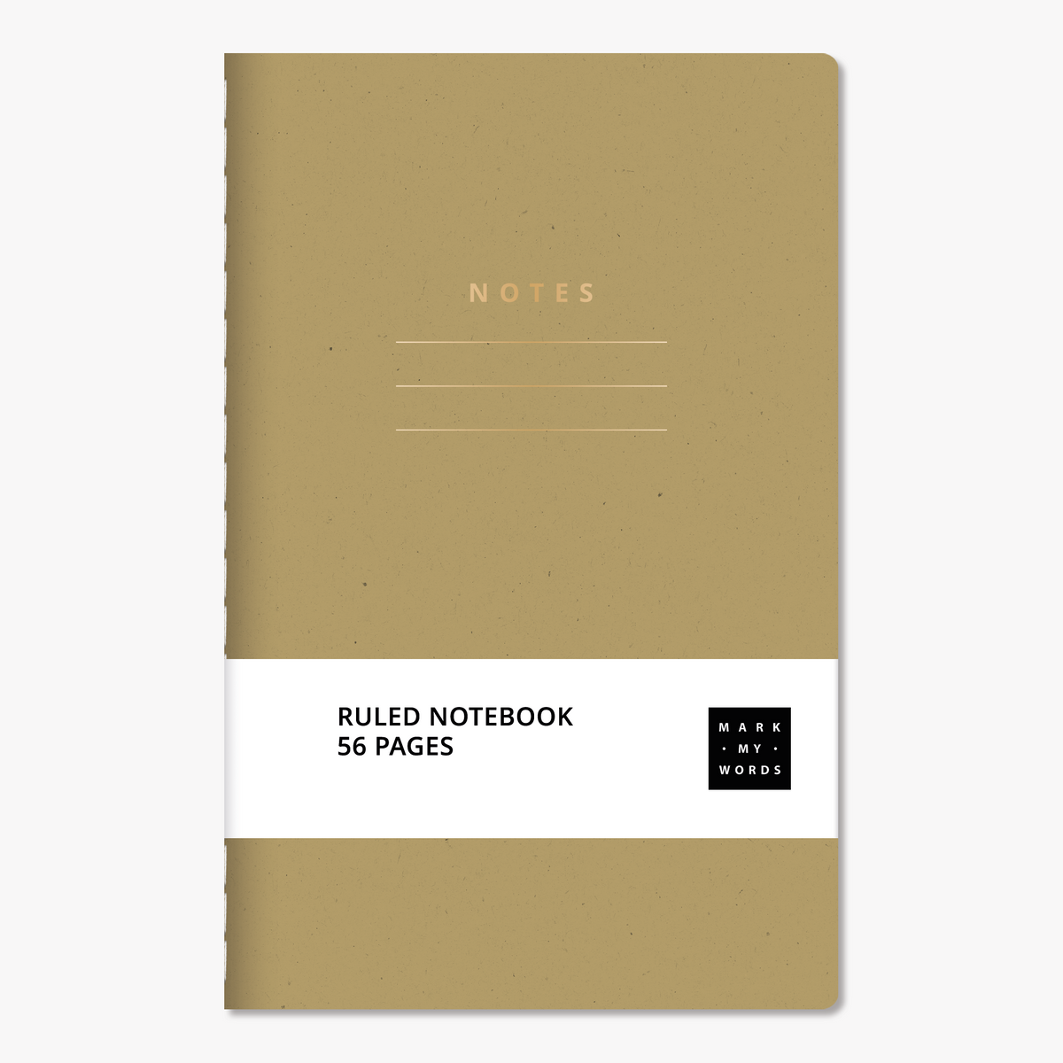 Pocket-sized notebook with ruled pages featuring an olive cover with gold foil accents – front view with informative paper wrap.