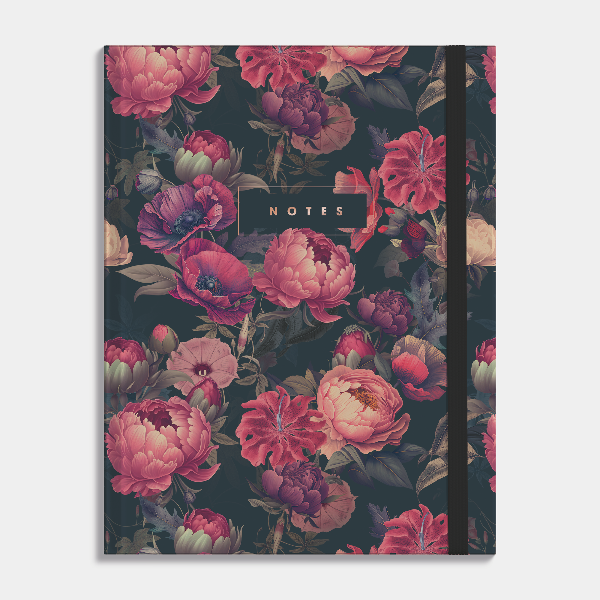 Hardcover notebook with a classic design of roses in red on a dark background. Frontal view.