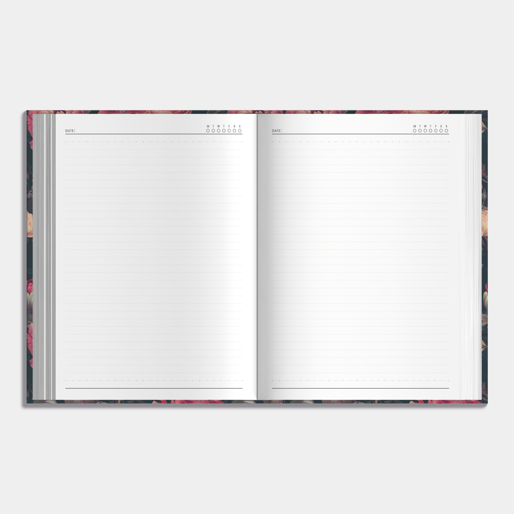 Hardcover notebook with a classic design of red roses on a dark background, example of inner pages.