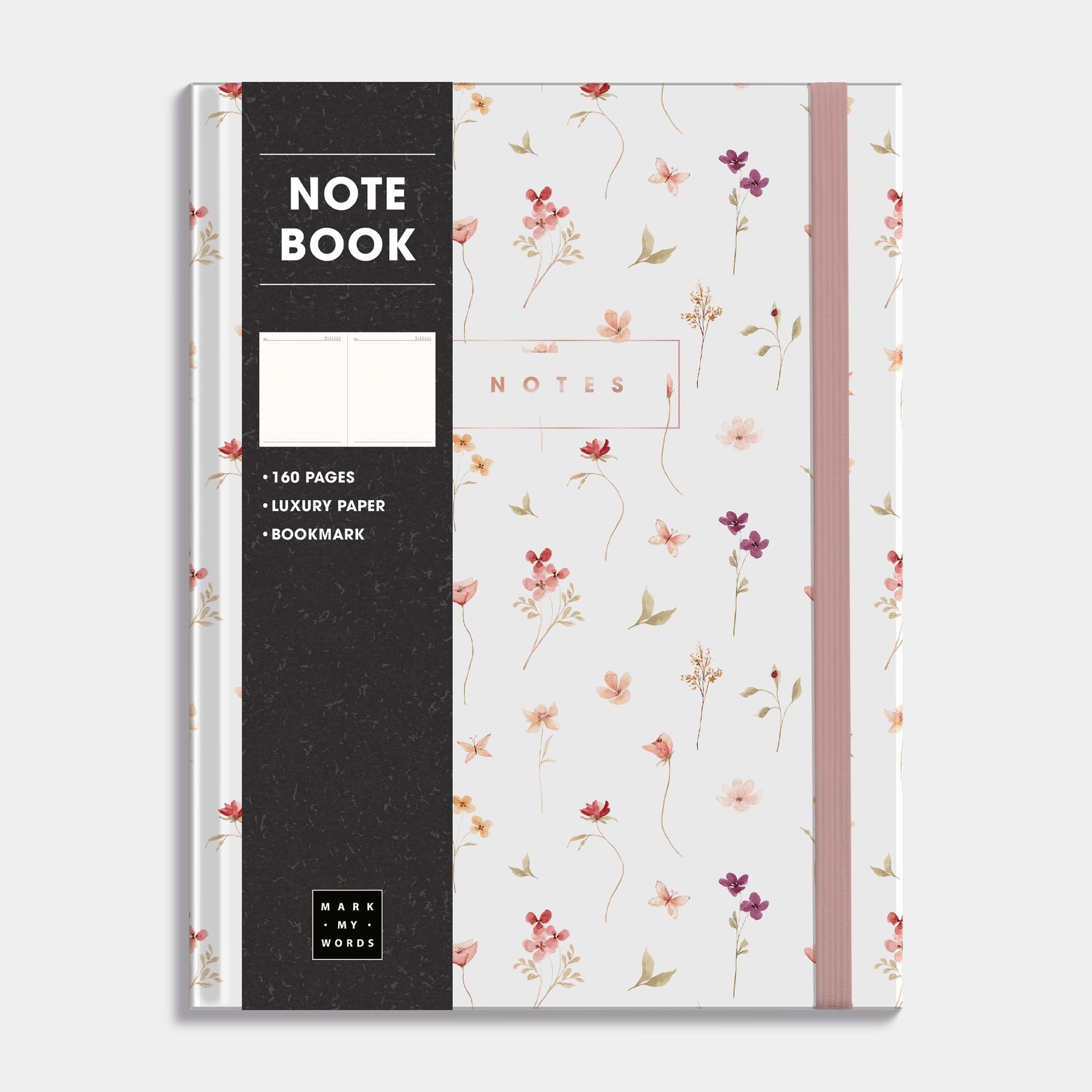 Notebook with delicate floral design in pastel colours on a white background.