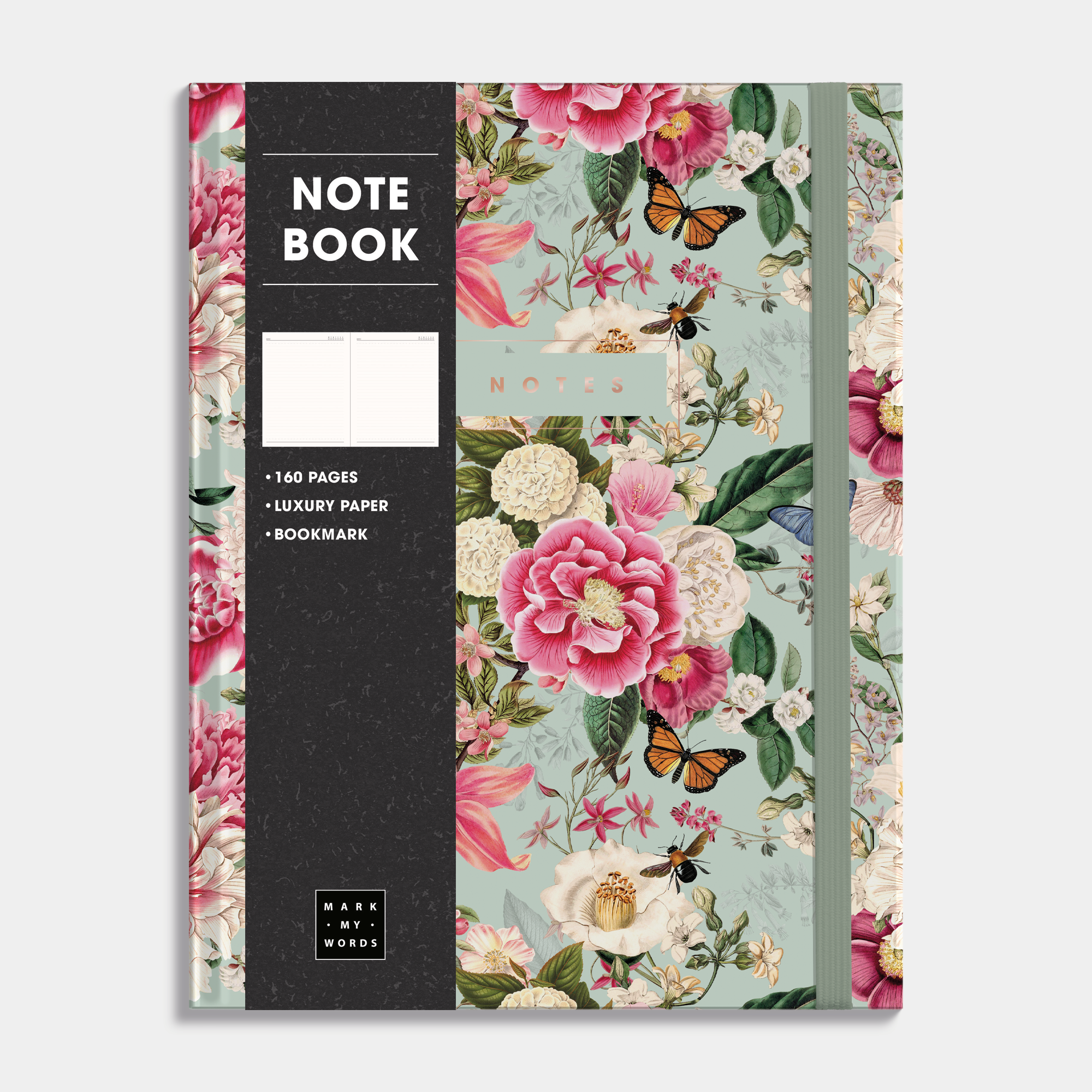 Hardcover notebook with a floral design and a matching elastic band. Frontal view with informative paper wrap.