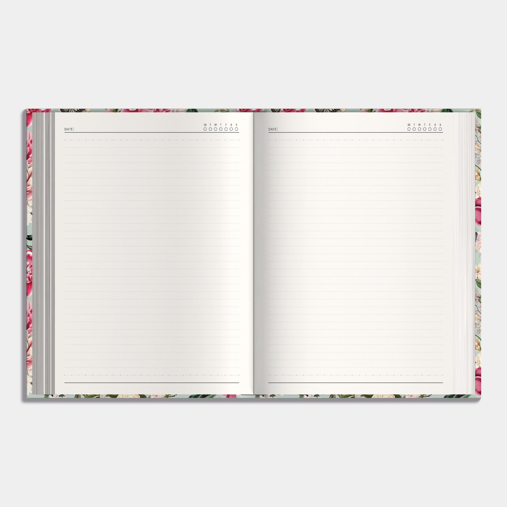 Hardcover notebook with a floral shabby chic design, example of inner pages.