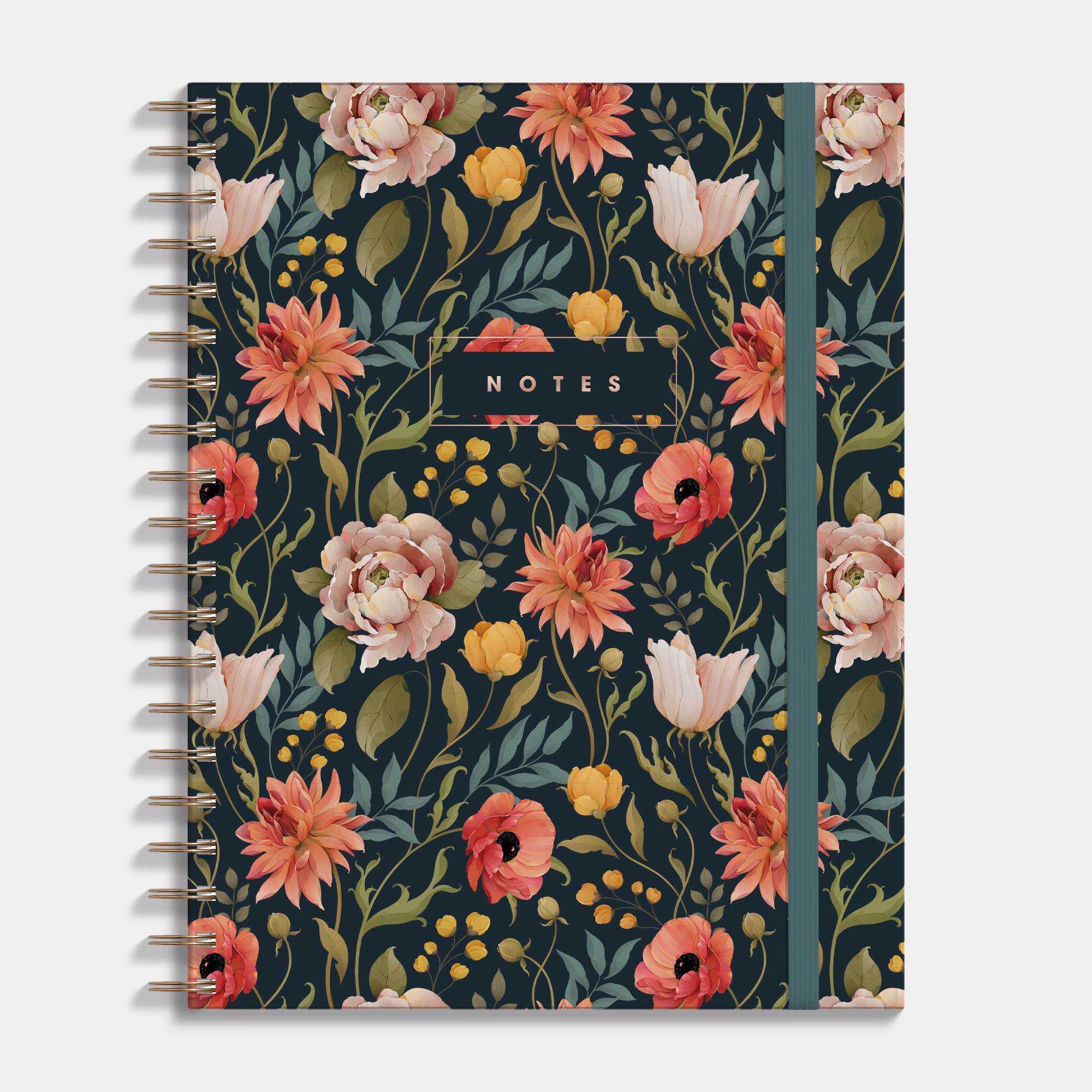 Hardcover spiral bound notebook with vintage floral design. Frontal view.