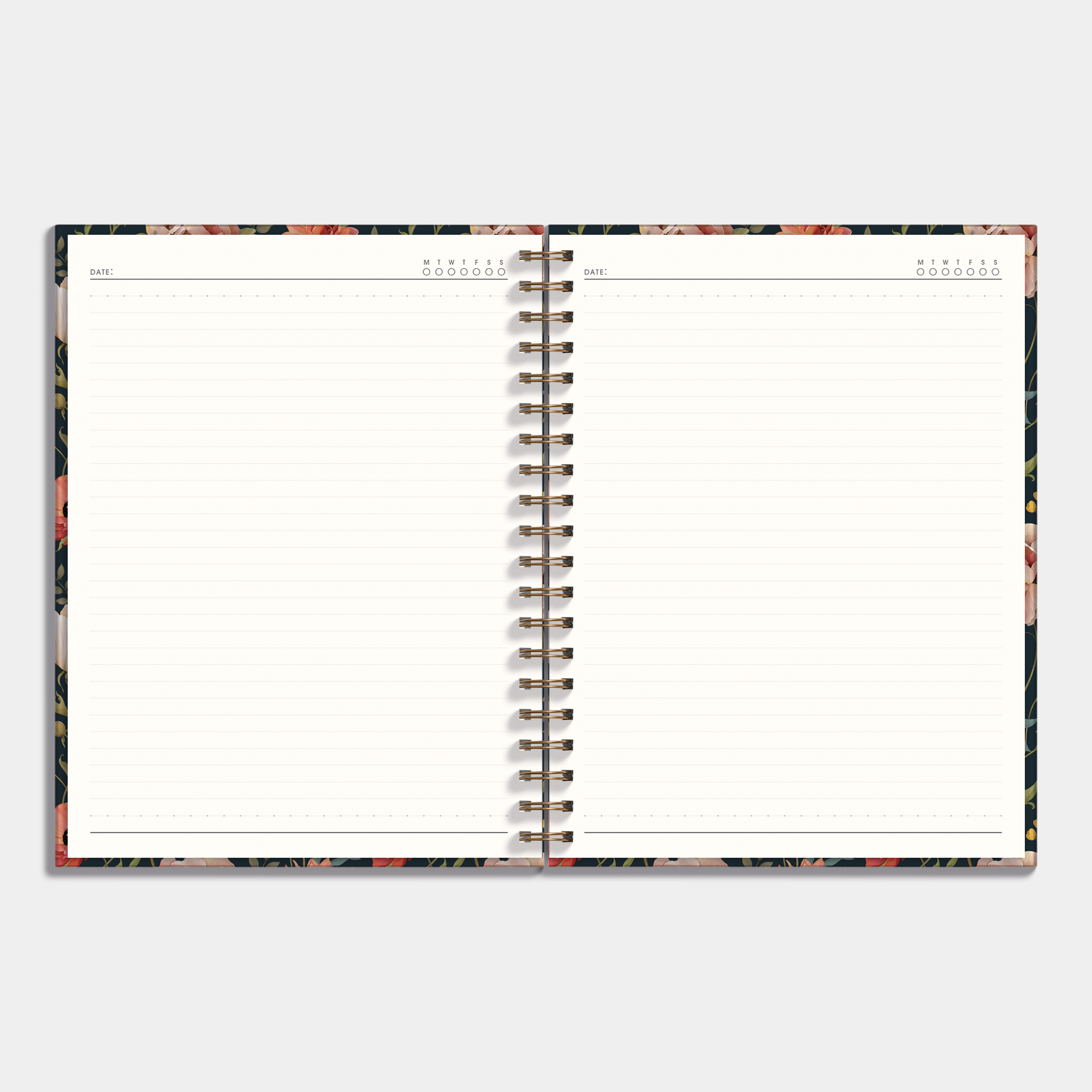 Hardcover spiral bound notebook with vintage floral design, example of inner pages.
