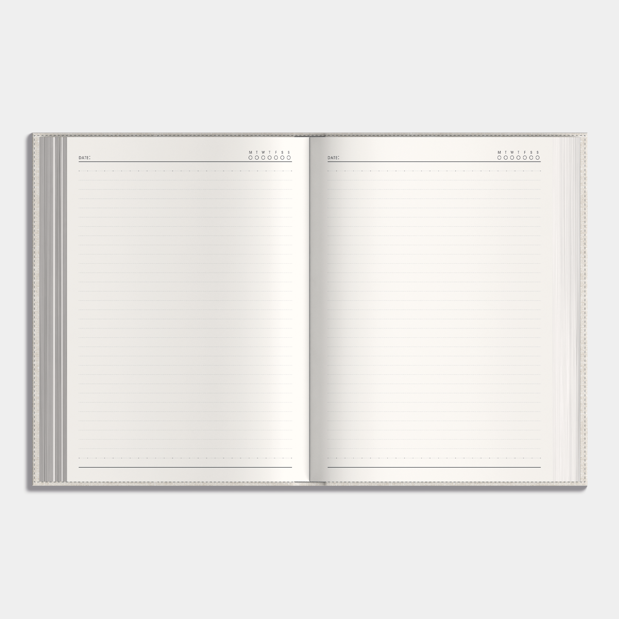 Notebook with a flexible beige linen cover, example of inner pages.