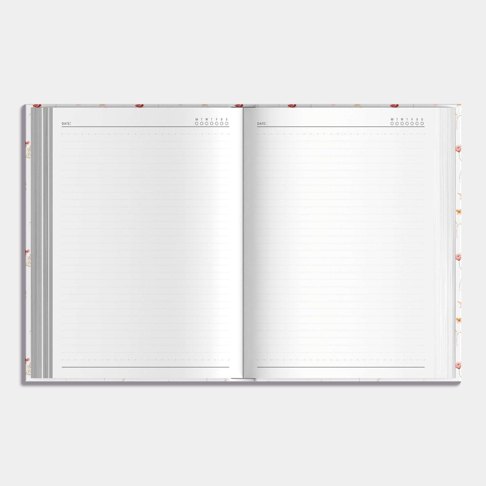 Hardcover notebook with a delicate floral design, example of inner pages.