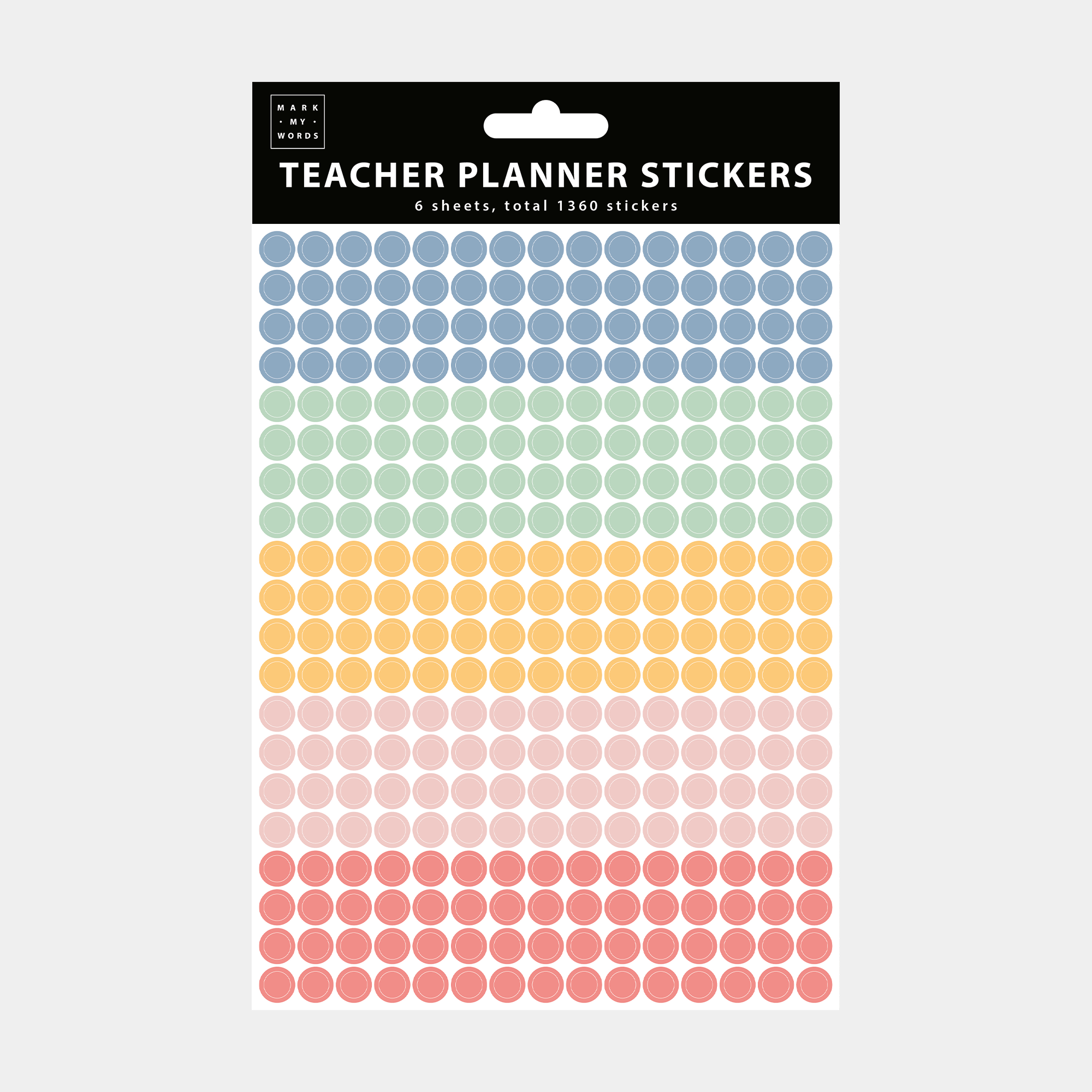 a sheet of colourful dots that are part of the pack of teacher planner stickers.