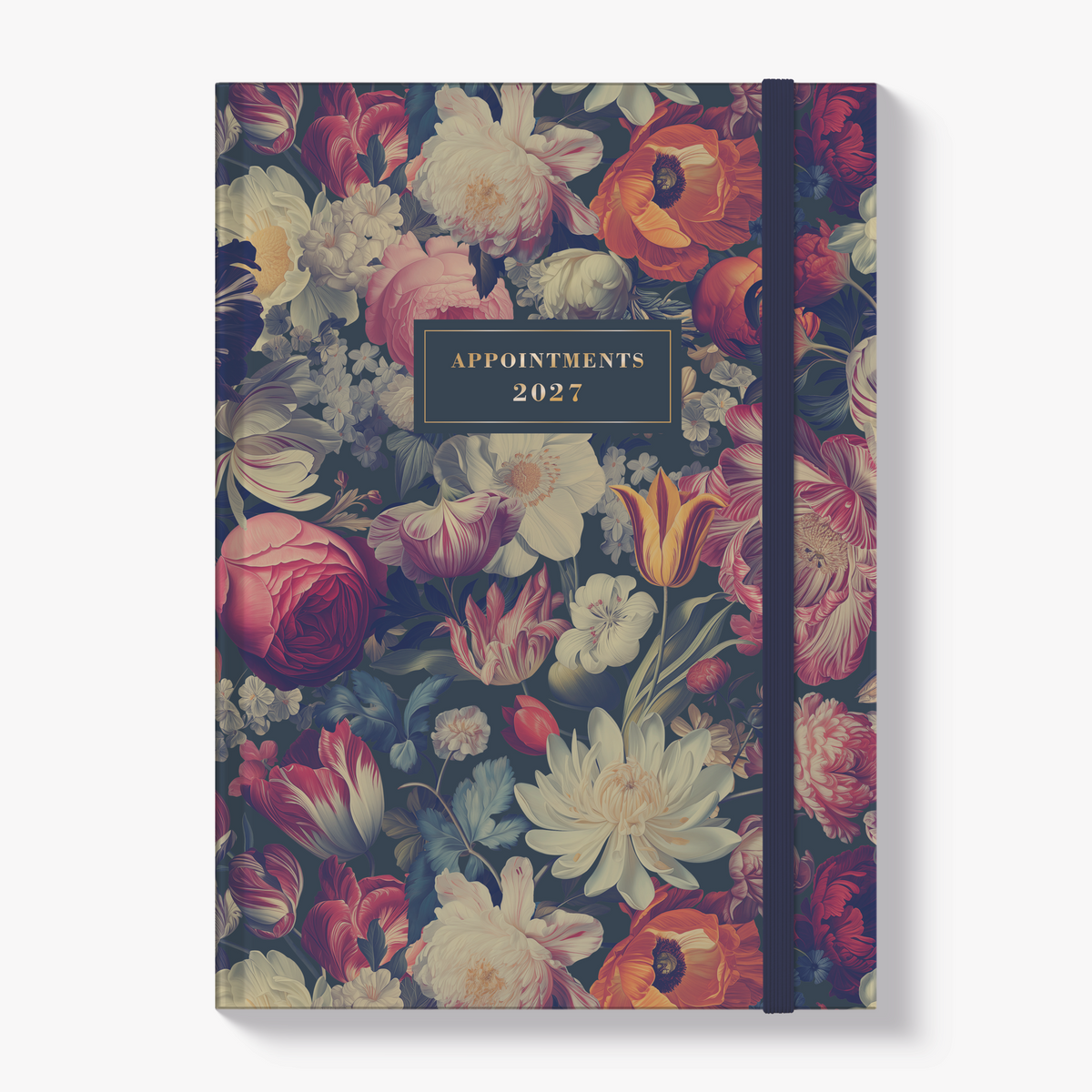 Appointment diary 2027 in A4 size with a hard cover featuring a classic floral design of peonies, tulips and dahlias – front view.