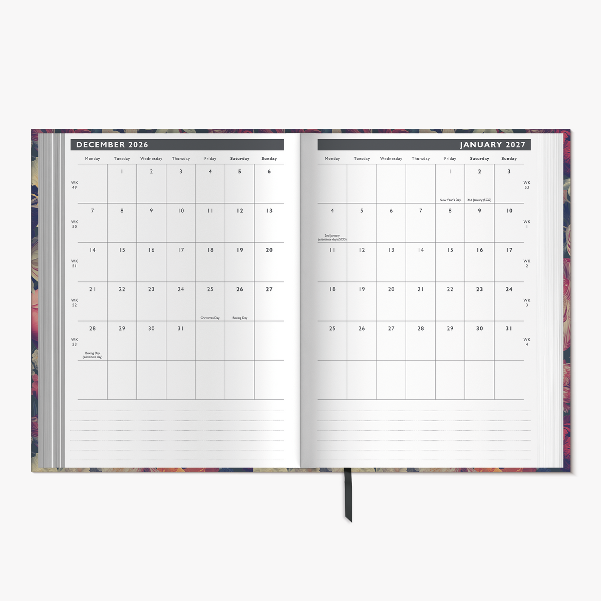 Appointment diary 2027 in A4 size featuring a classic floral design of peonies, tulips and dahlias – inside pages with monthly overview.