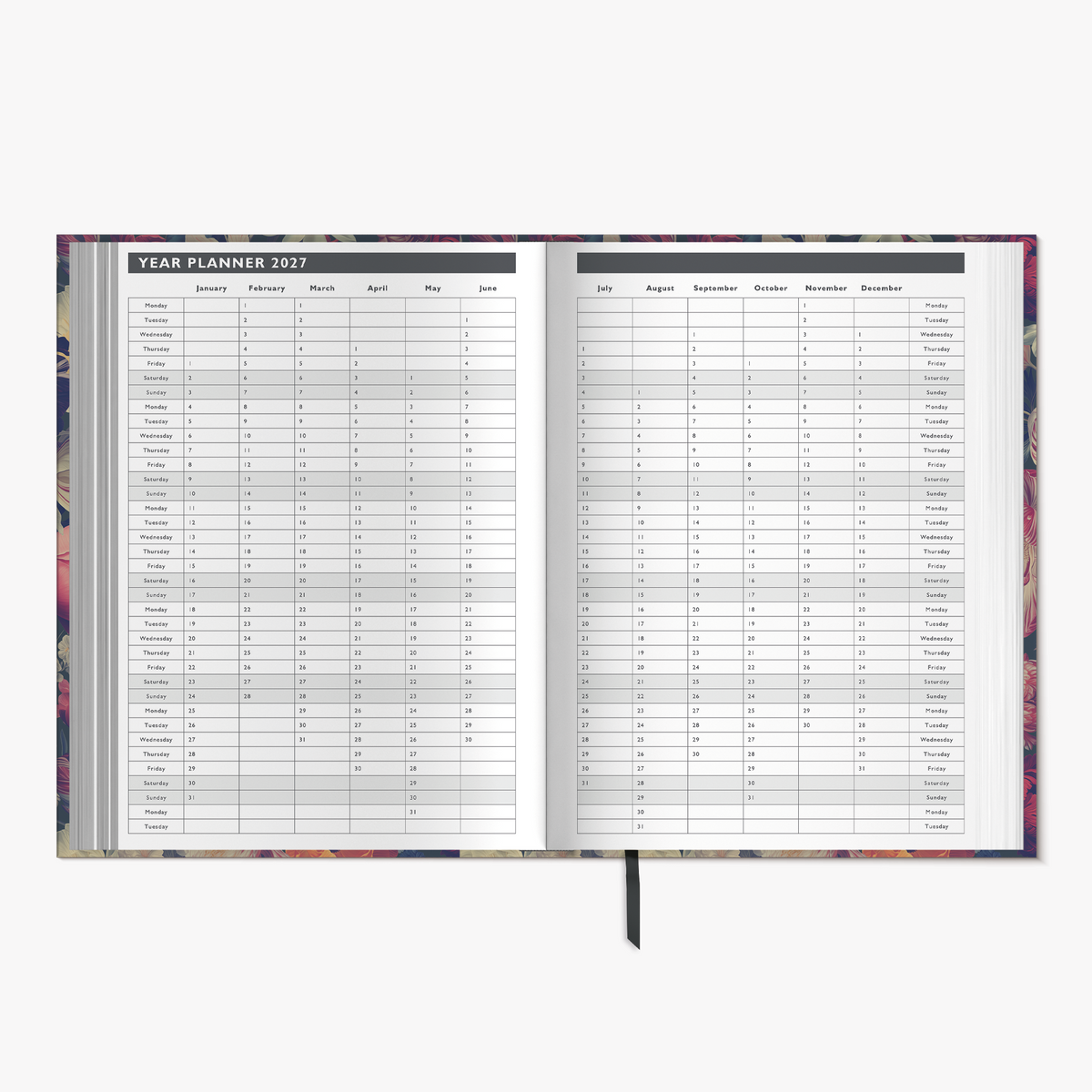 Appointment diary 2027 in A4 size featuring a classic floral design of peonies, tulips and dahlias – inside pages with yearly overview.
