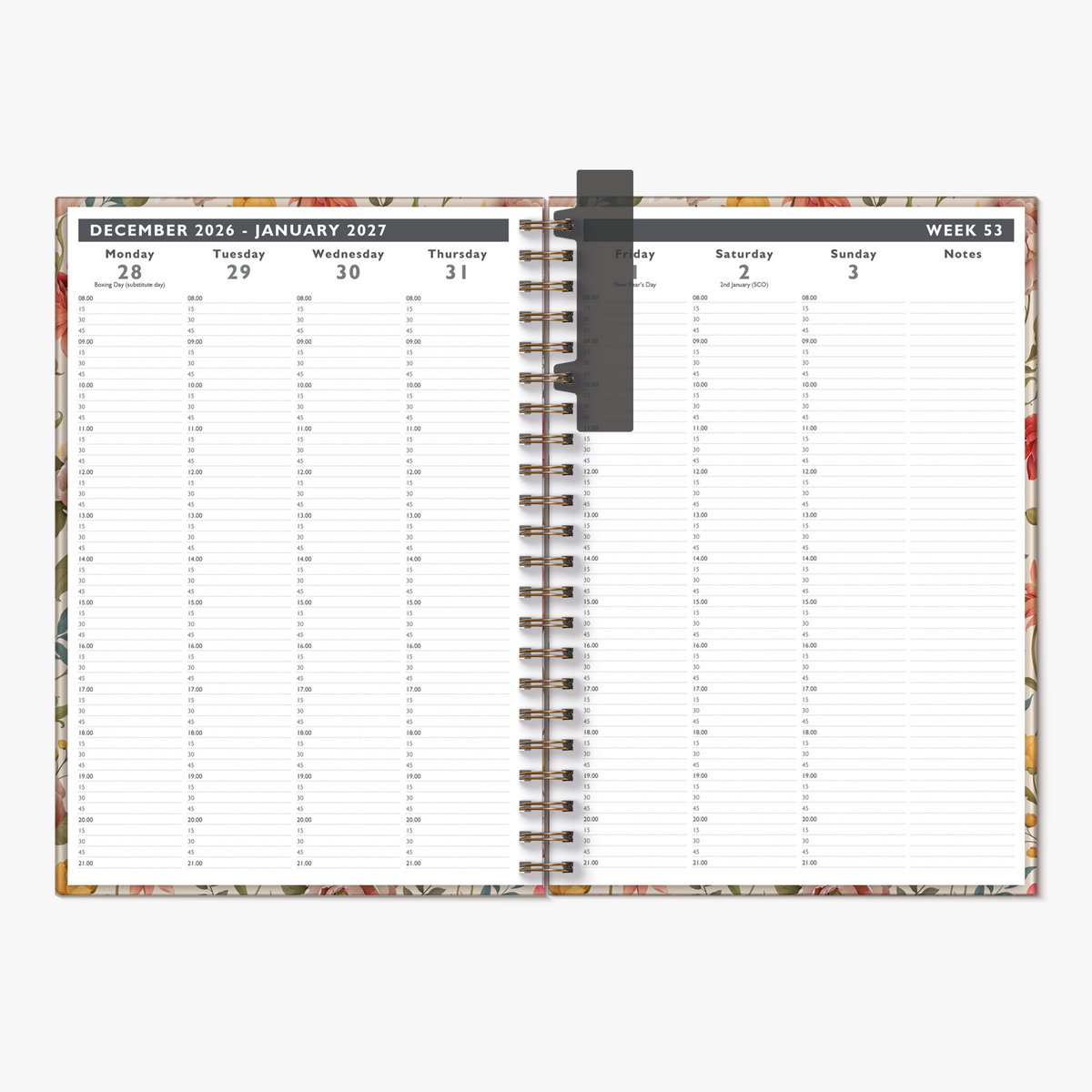 Spiral-bound appointment diary 2027 in A4 size featuring a vintage design of poppies and peonies – inside pages with weekly overview and note-taking section.