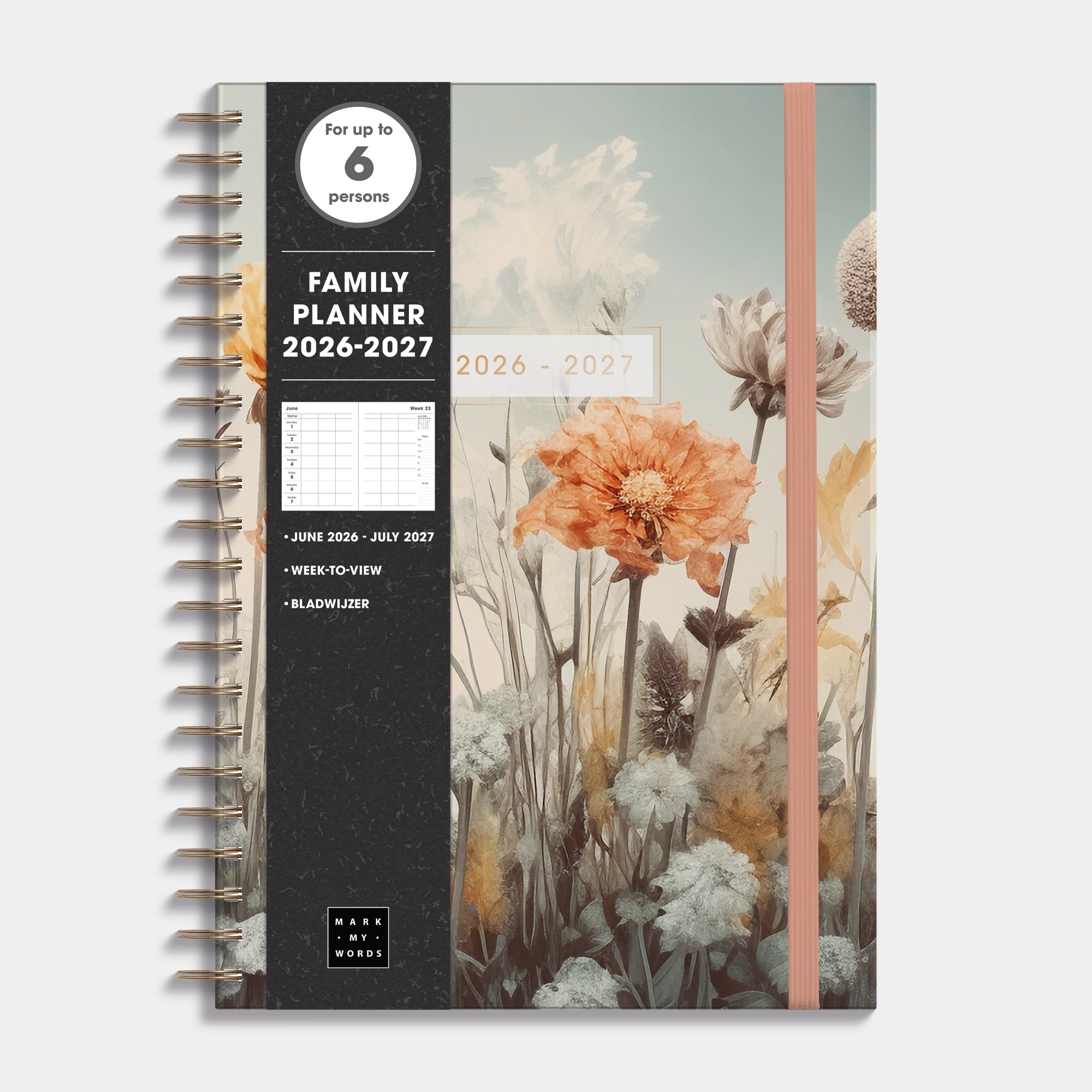 Mid-year 2026-2027 family diary featuring a hard cover with a wildflower design – frontal view with informative paper wrap.