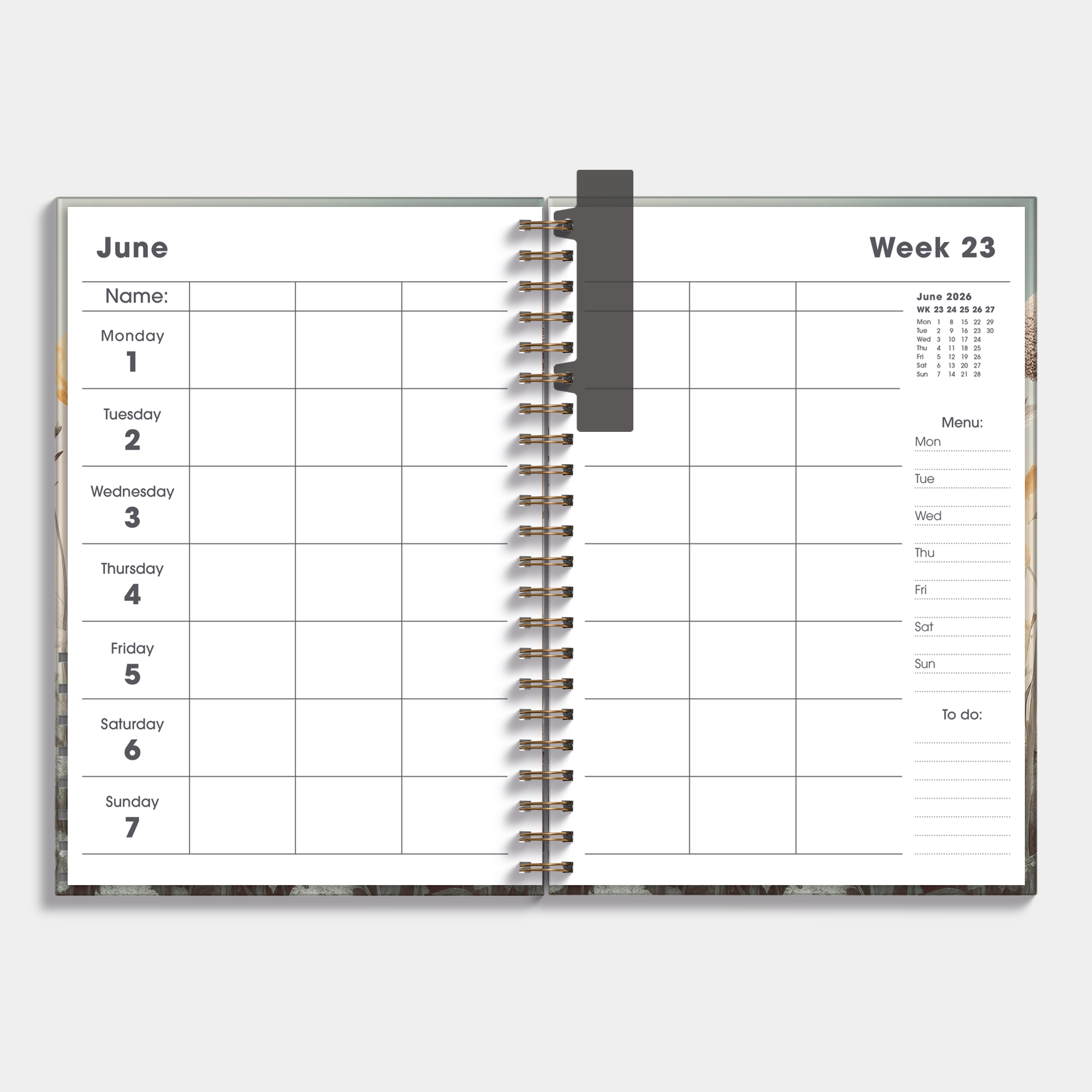 Mid-year 2026-2027 family diary with wildflower design – weekly overview.