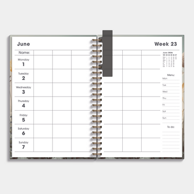 Mid-year 2026-2027 family diary with wildflower design – weekly overview.
