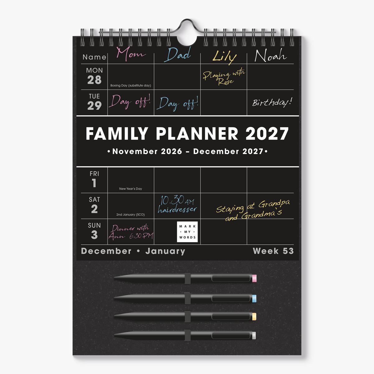 Spiral-bound family planner for 2027 in A4 size with black paper and 4 metallic pens –front view.