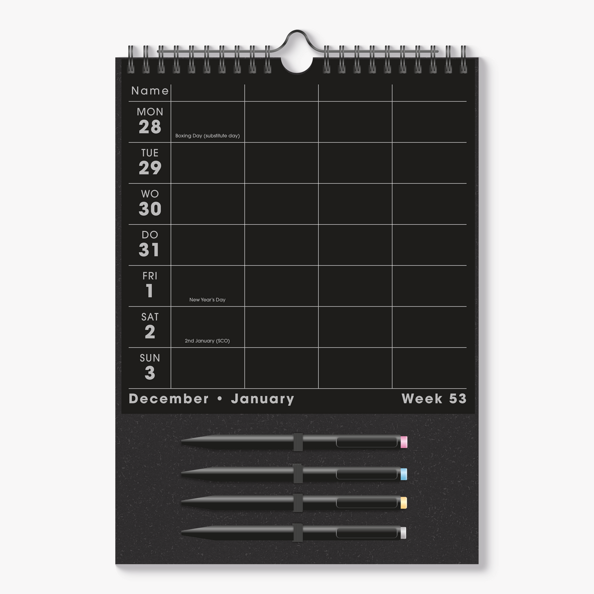 Spiral-bound family planner for 2027 in A4 size with black paper and 4 metallic pens –weekly overview
