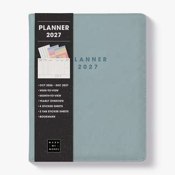 Luxury weekly planner 2027 in the A5+ size with flexibele leather-look cover sleeve in duck egg blue – front view with informative paper wrap.