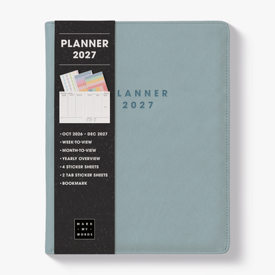 Luxury weekly planner 2027 in the A5+ size with flexibele leather-look cover sleeve in duck egg blue – front view with informative paper wrap.