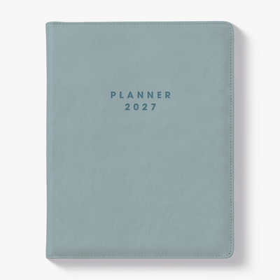 Luxury weekly planner 2027 in the A5+ size with flexibele leather-look cover sleeve in duck egg blue – front view.