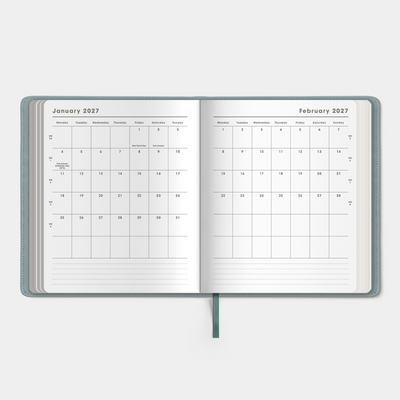 Luxury weekly planner 2027 in the A5+ size with flexibele leather-look cover sleeve in duck egg blue – inside pages with monthly overview.