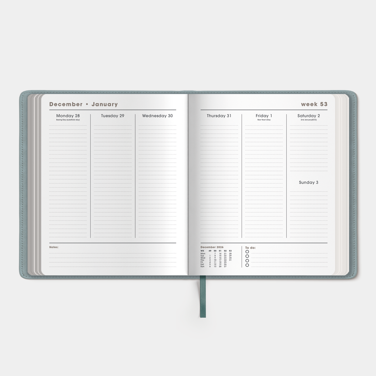 Luxury weekly planner 2027 in the A5+ size with flexibele leather-look cover sleeve in duck egg blue – inside pages with weekly overview.