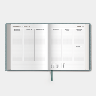 Luxury weekly planner 2027 in the A5+ size with flexibele leather-look cover sleeve in duck egg blue – inside pages with weekly overview.
