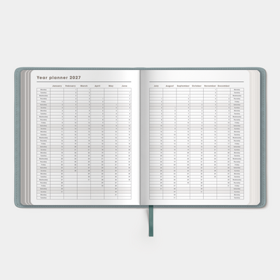 Luxury weekly planner 2027 in the A5+ size with flexibele leather-look cover sleeve in duck egg blue – inside pages with yearly overview.