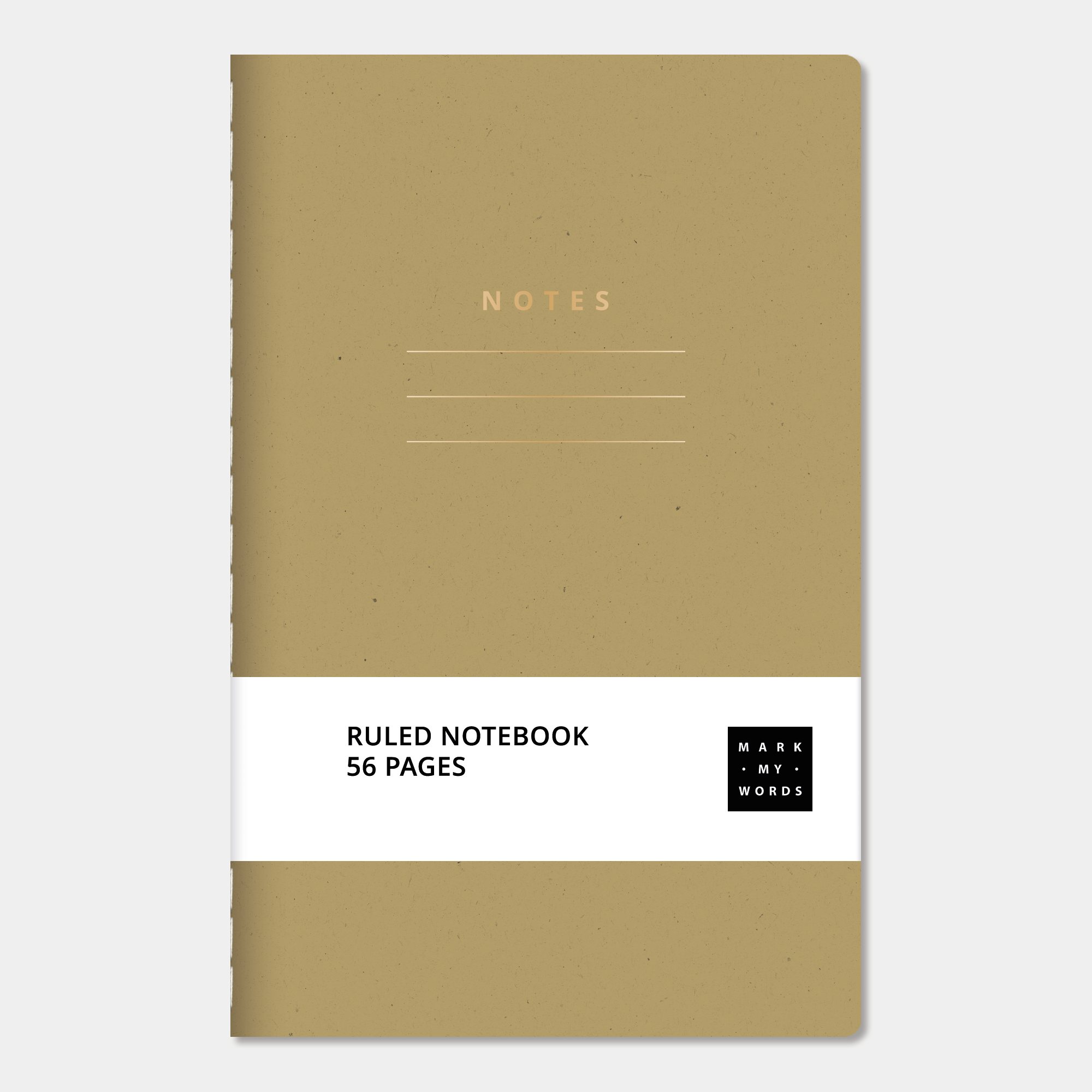Mini pocket-sized lined notebook with olive cover with ruled pages and thread-sewn binding, front view.