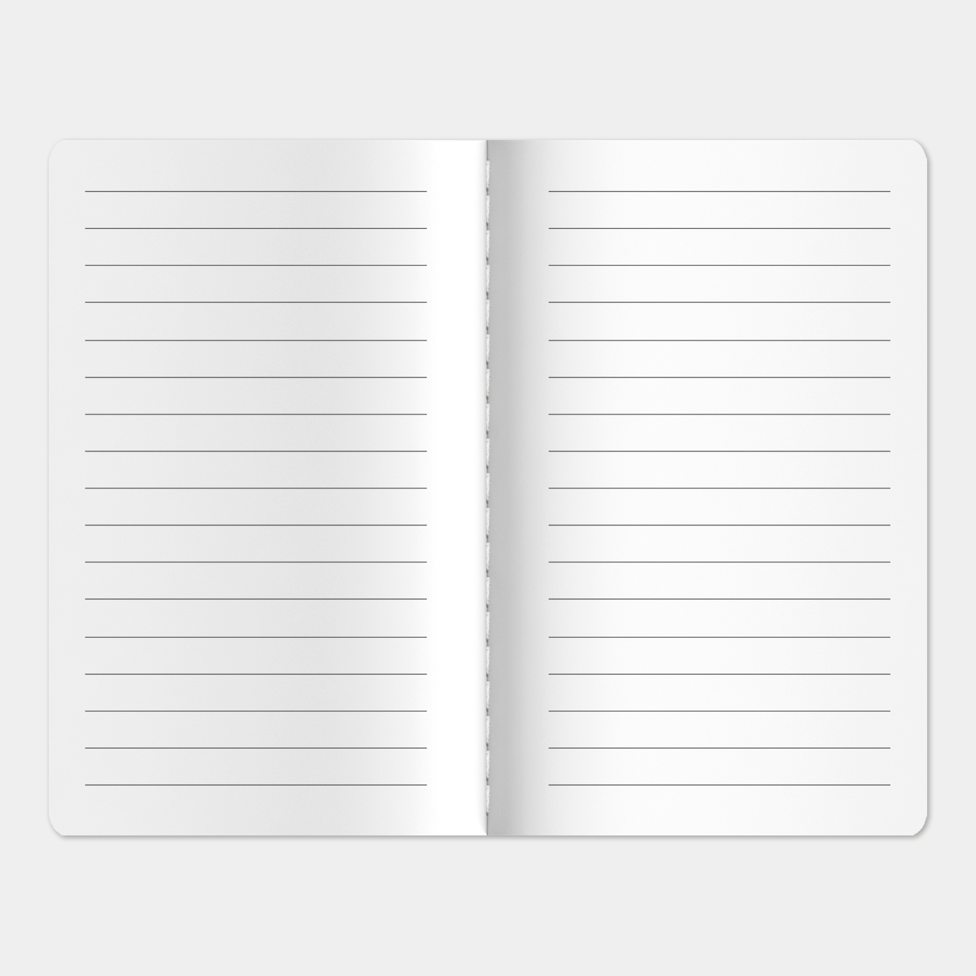 Mini pocket-sized lined notebook with olive cover with ruled pages and thread-sewn binding, inside view.