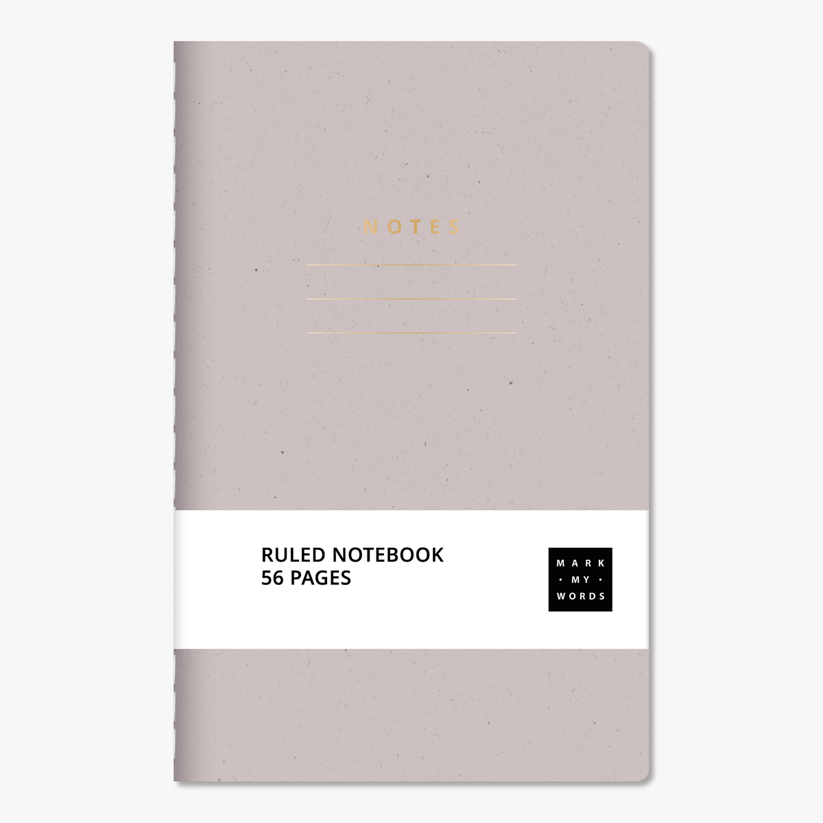 Pocket-sized notebook with ruled pages featuring a grape cover with gold foil accents – front view with informative paper wrap.