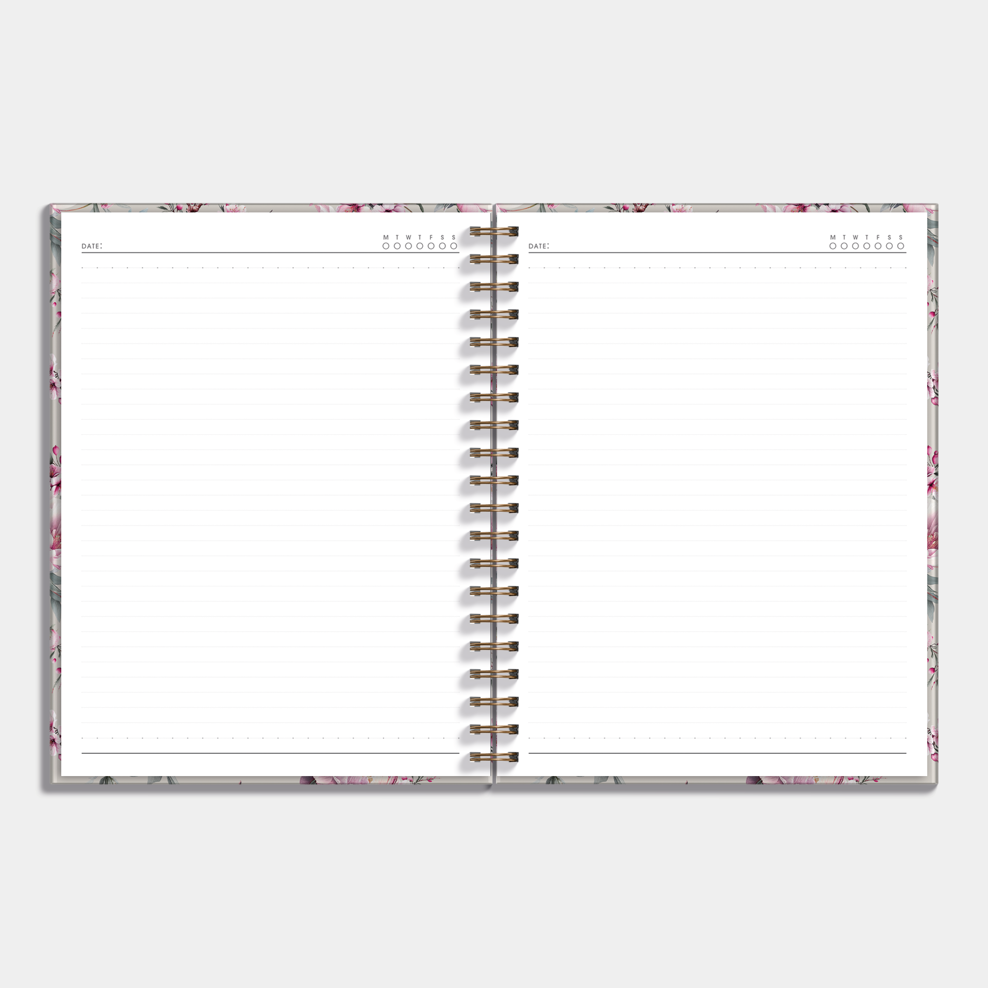 Hardcover spiral bound notebook with cherry blossom design, example of inner pages.