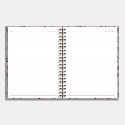 Hardcover spiral bound notebook with cherry blossom design, example of inner pages.