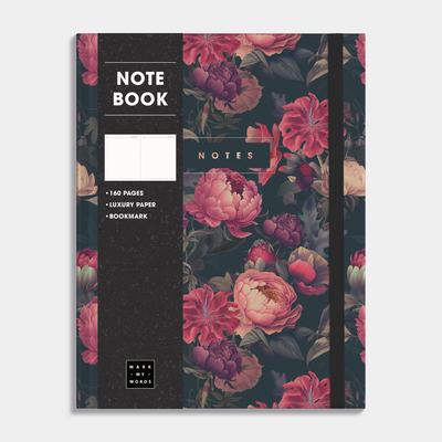 Hardcover notebook with a classic design of roses in red on a dark background. Frontal view with informative paper wrap.