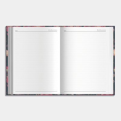 Hardcover notebook with a classic design of red roses on a dark background, example of inner pages.