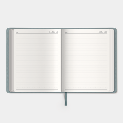 Notebook with a flexible leather-look cover sleeve in a duck egg blue tone – inside view of lined notes pages.