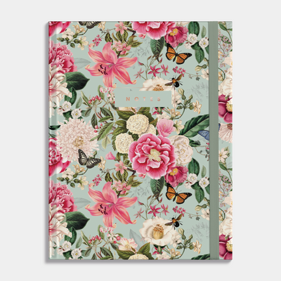 Hardcover notebook with a floral and shabby chic design. Frontal view.