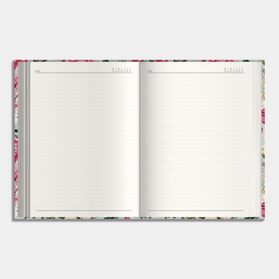 Hardcover notebook with a floral shabby chic design, example of inner pages.