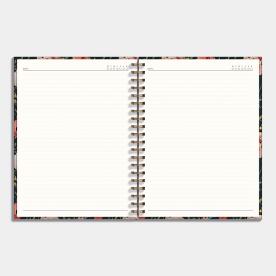 Hardcover spiral bound notebook with vintage floral design, example of inner pages.