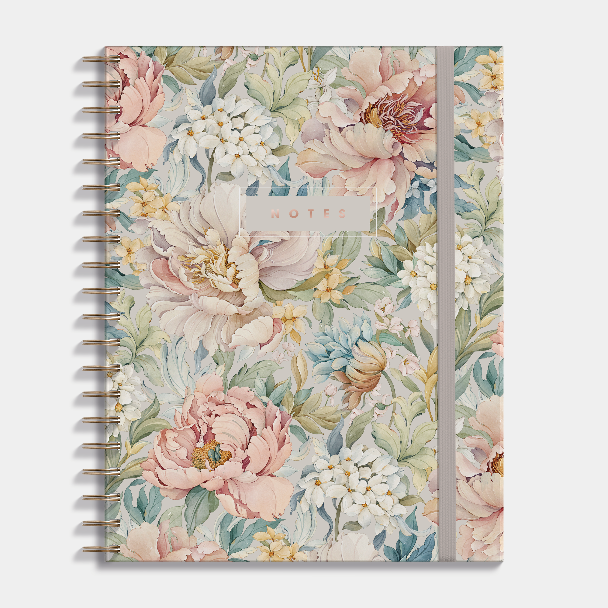 Spiral bound hardcover notebook with a vintage design of peonies in pastel shades. Frontal view.