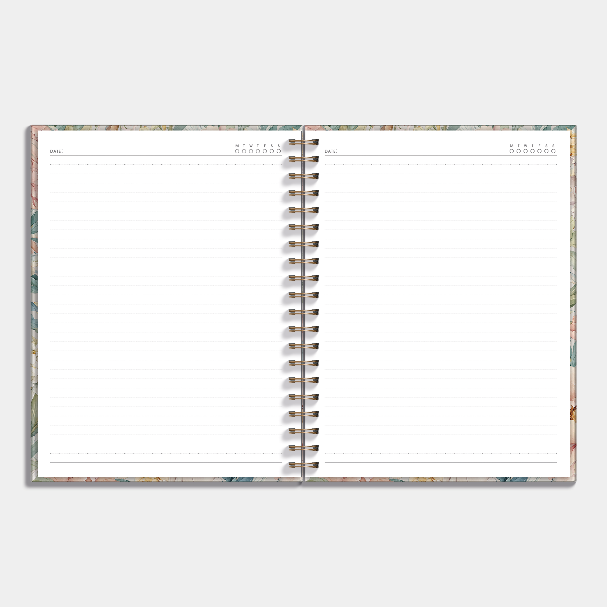 Spiral bound hardcover notebook with a vintage design of peonies in pastel shades, example of inner pages.